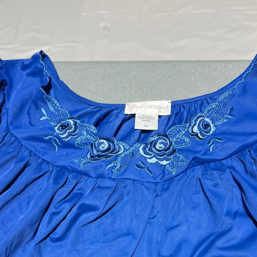 Shadowline Royal Blue Floral Embroidered Long Nightgown Plus Size 3X Nylon